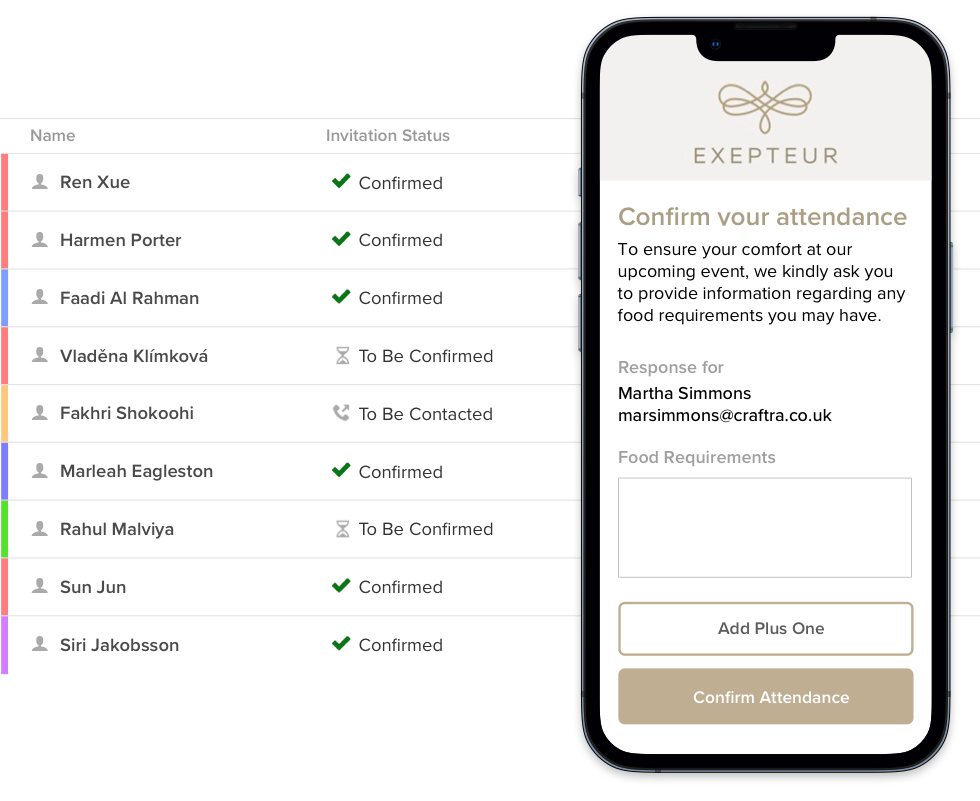 Dashboard della lista ospiti di Magnetiq accanto a un modulo RSVP su smartphone