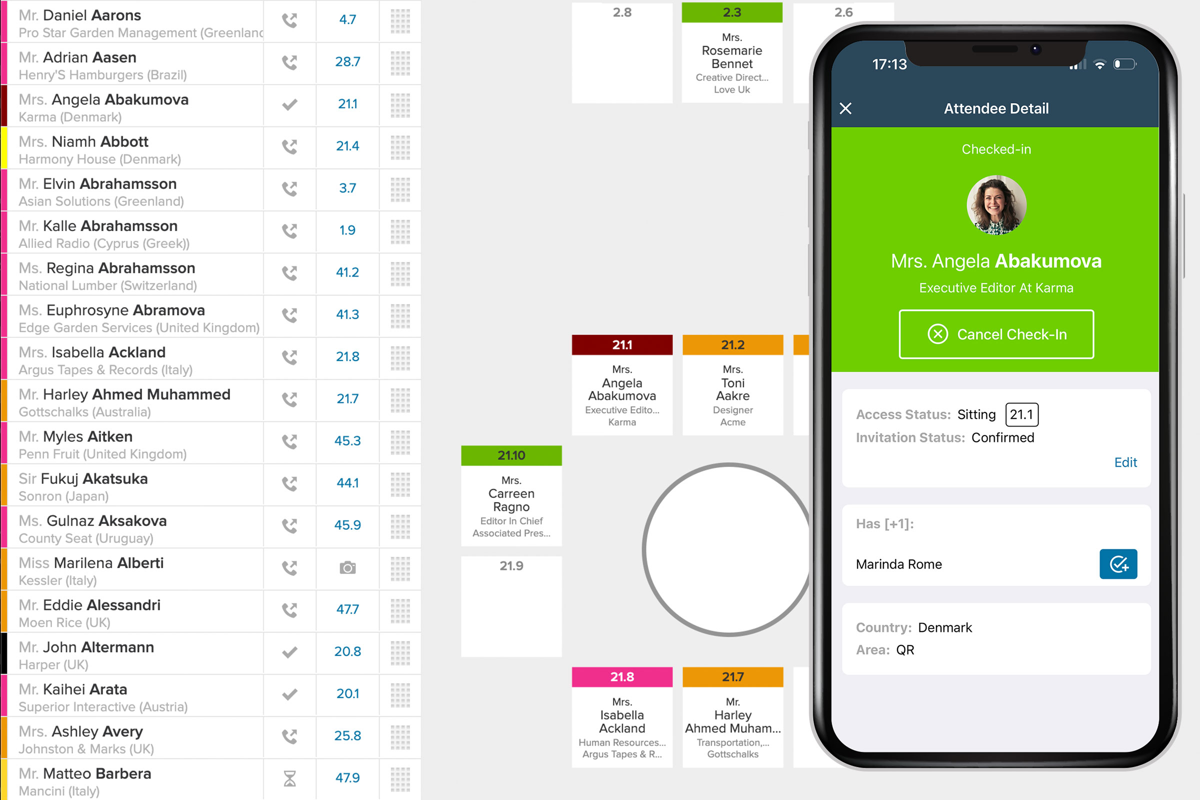Lista ospiti, pianta dei posti e schermata mobile del check-in per un evento